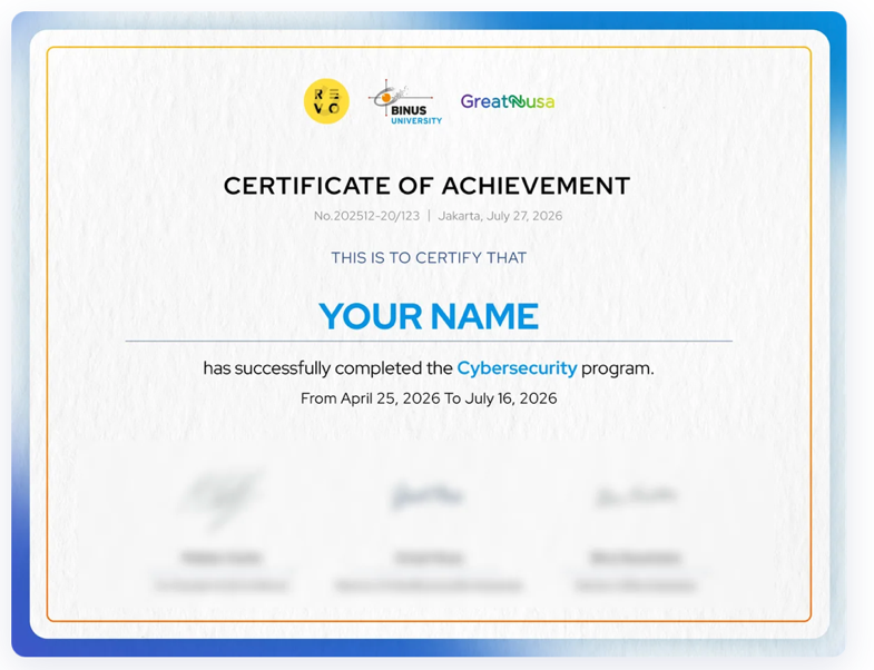 Contoh Certificate of Achievement program Cybersecurity dari RevoU, BINUS University, dan GreatNusa